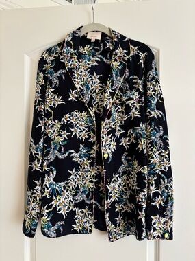cinq a sept Navy Floral Button-Down Blouse with White & Turquoise Accents